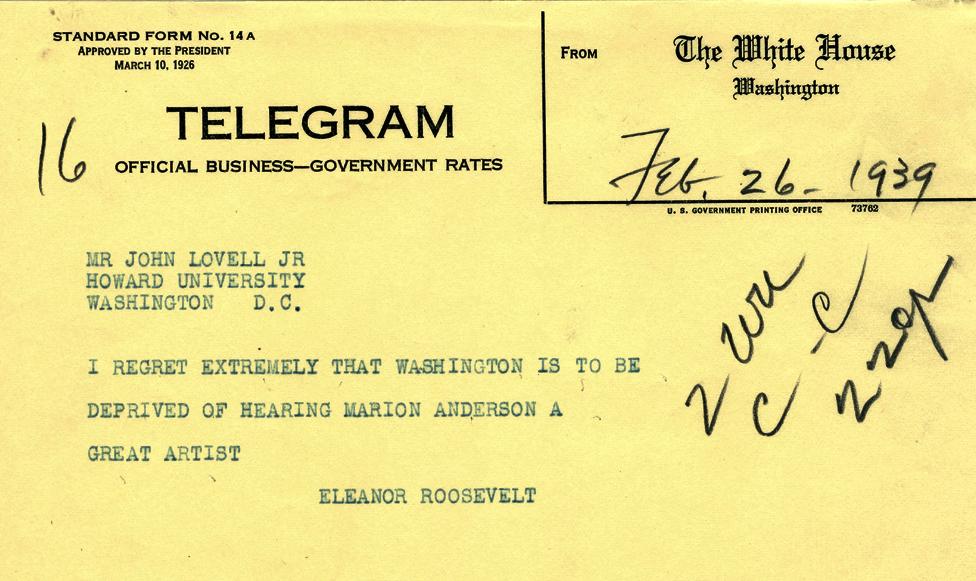 Eleanor Roosevelt telegram Howard University Anderson