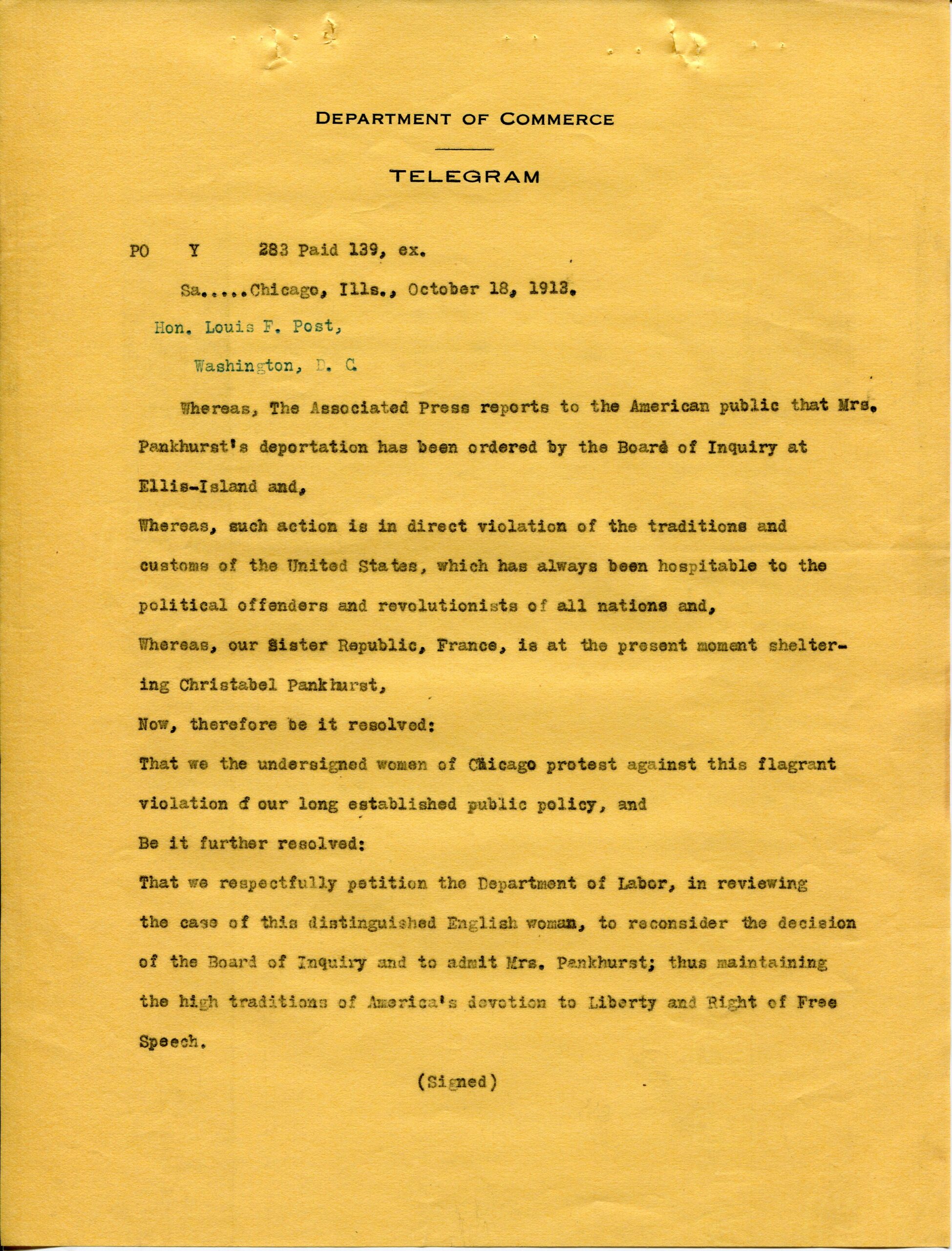 Telegram from a Group of Women in Chicago, including Jane Addams, to Louis F. Post, Assistant Secretary of the Department of Labor