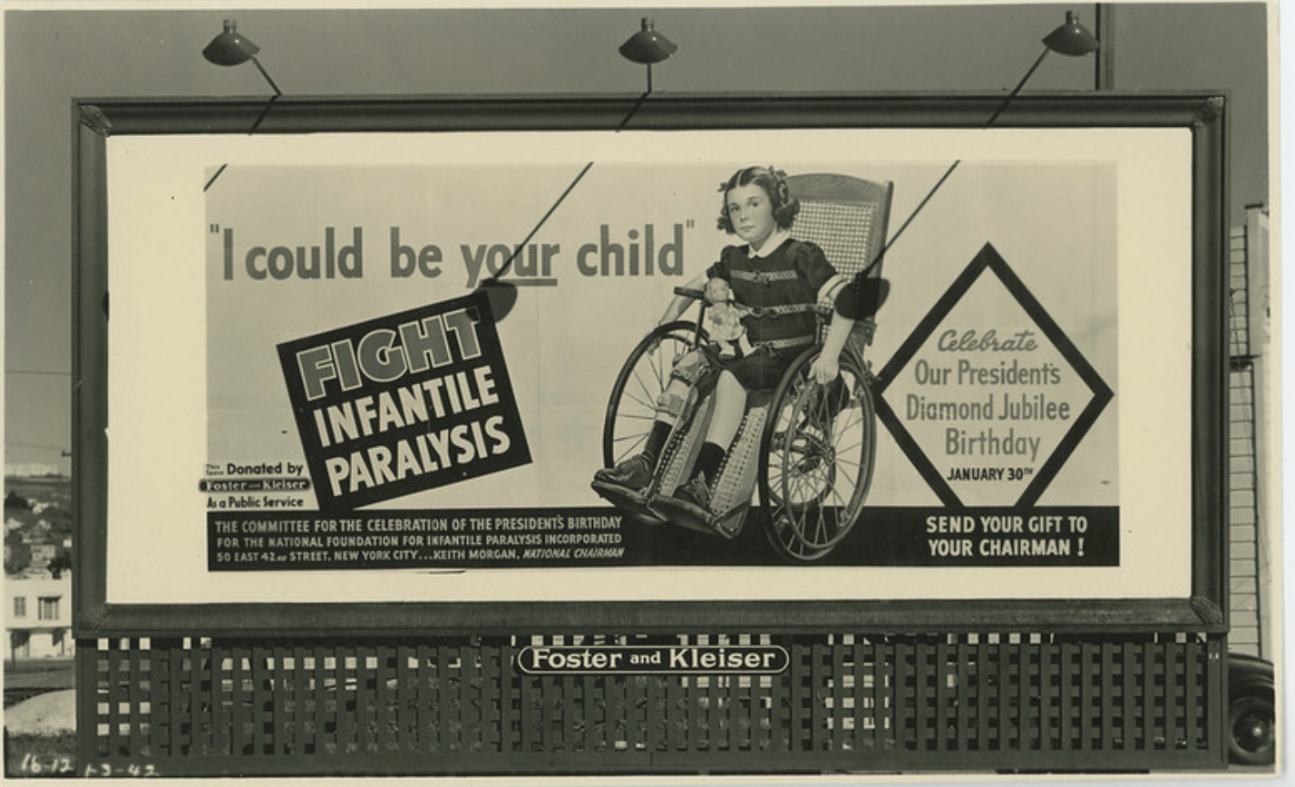 Billboard sponsored by the National Foundation for Infantile Paralysis (later March of Dimes)