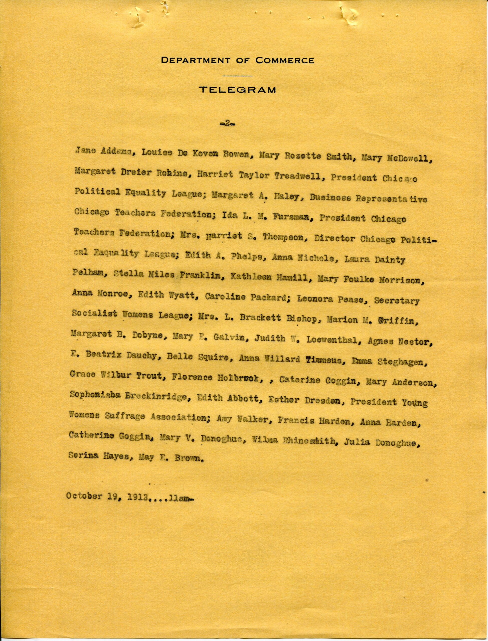 Telegram from a Group of Women in Chicago, including Jane Addams, to Louis F. Post, Assistant Secretary of the Department of Labor