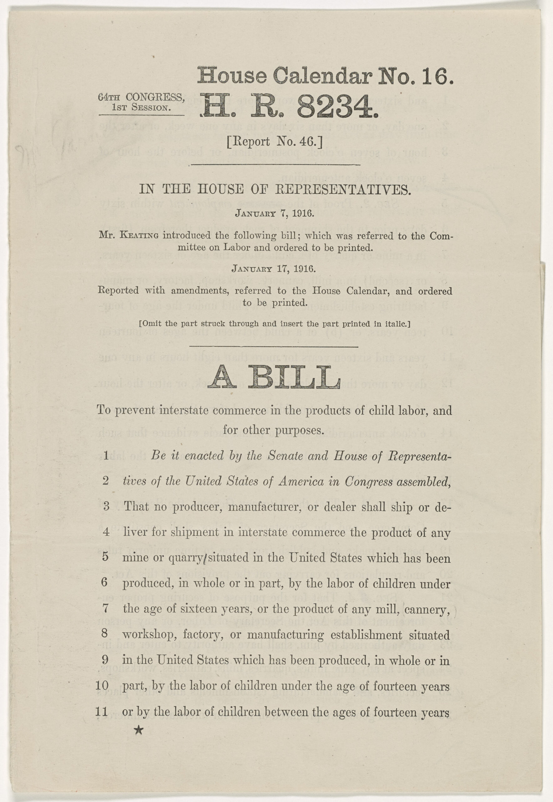 H.R. 8234, A Bill to Prevent Interstate Commerce in the Products of Child Labor - NAI: 28265002