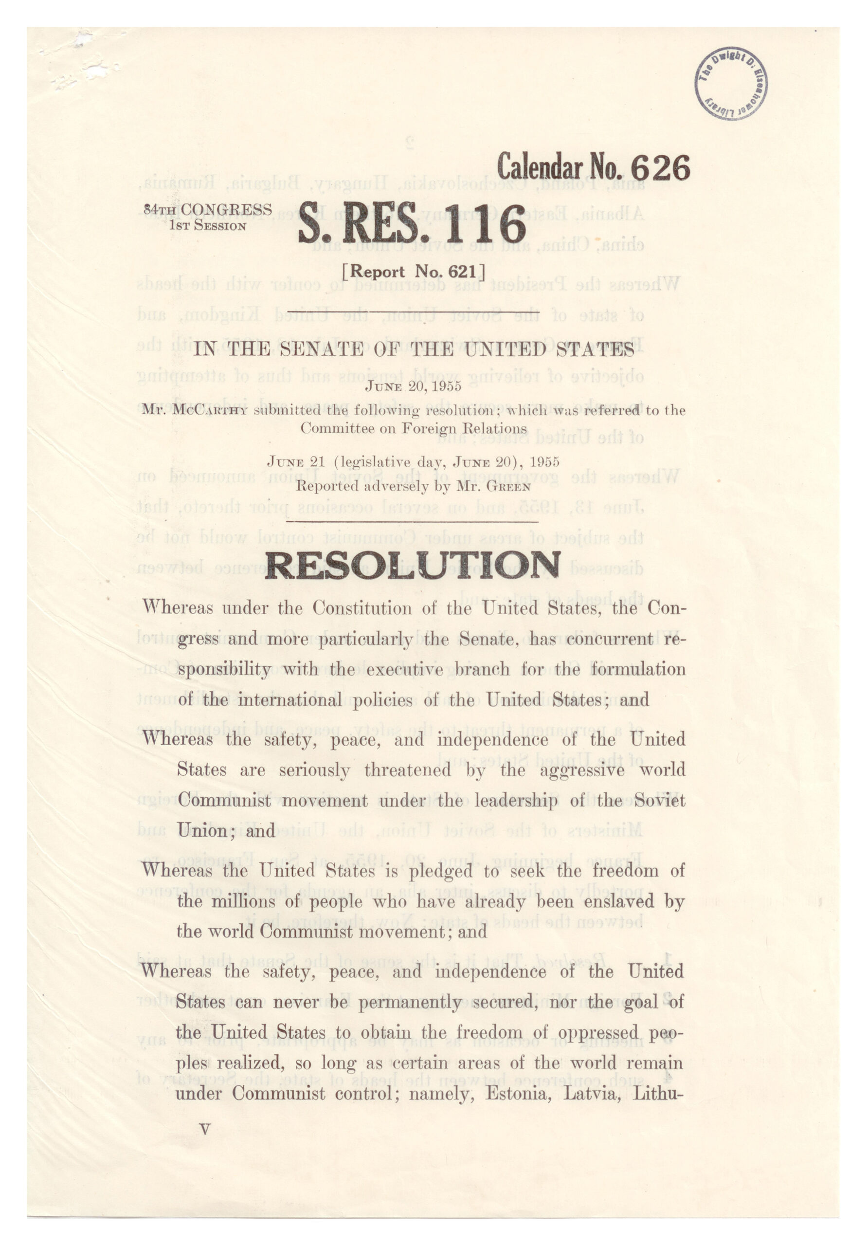 3/4 - Resolution by McCarthy that states under Communist control be up for discussion at an upcoming foreign ministers meeting - NAI: 16703049