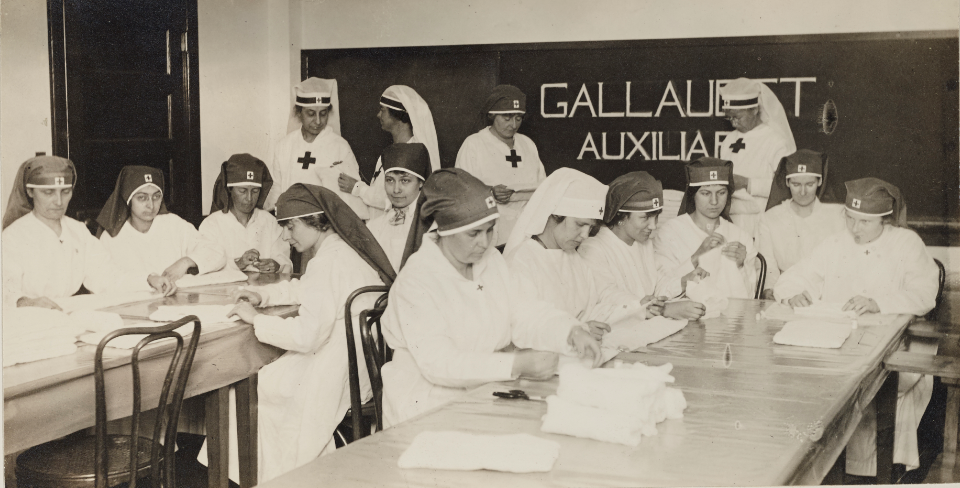 Gallaudet students making surgical dressings