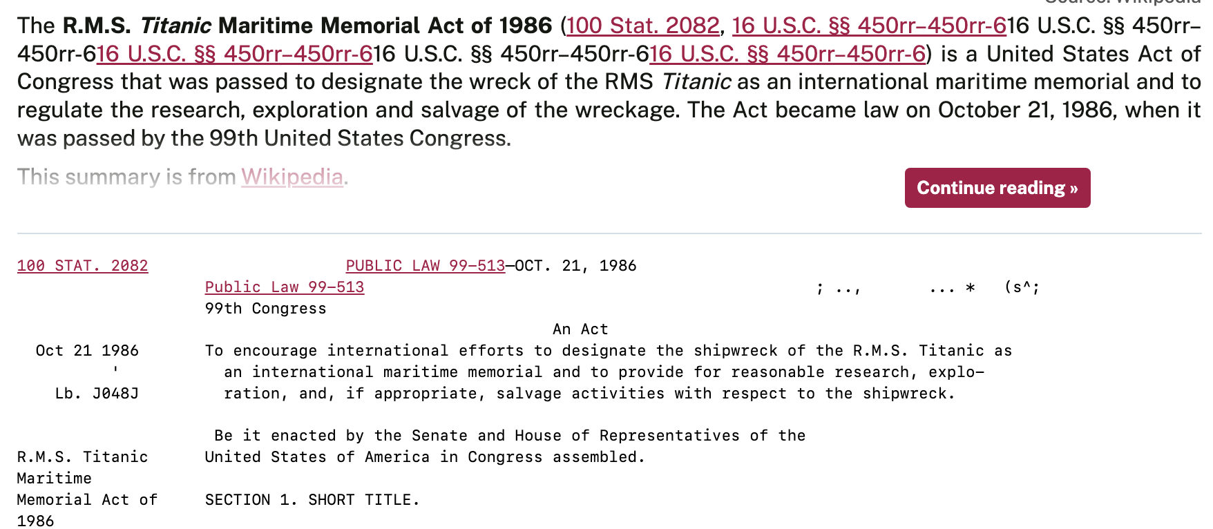 1986 Maritime Memorial Act designating the Titanic as a memorial – Source: GovTrack.us