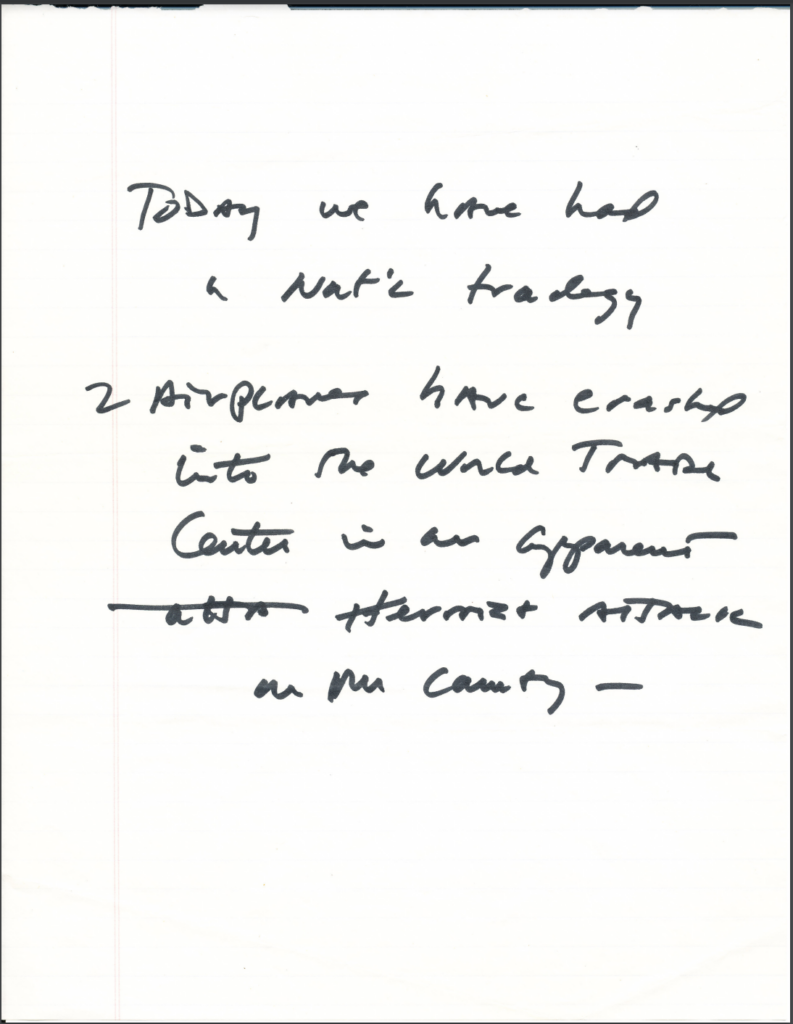 Page 1 of notes written by President George W. Bush for the initial statement to the press after the terrorist attacks on September 11, 2001